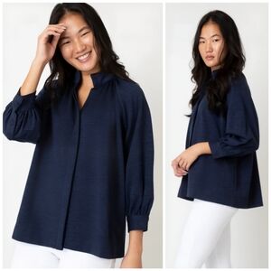ANN MASHBURN Liya Double Wool Jersey (blue with green lining) Size Large $425